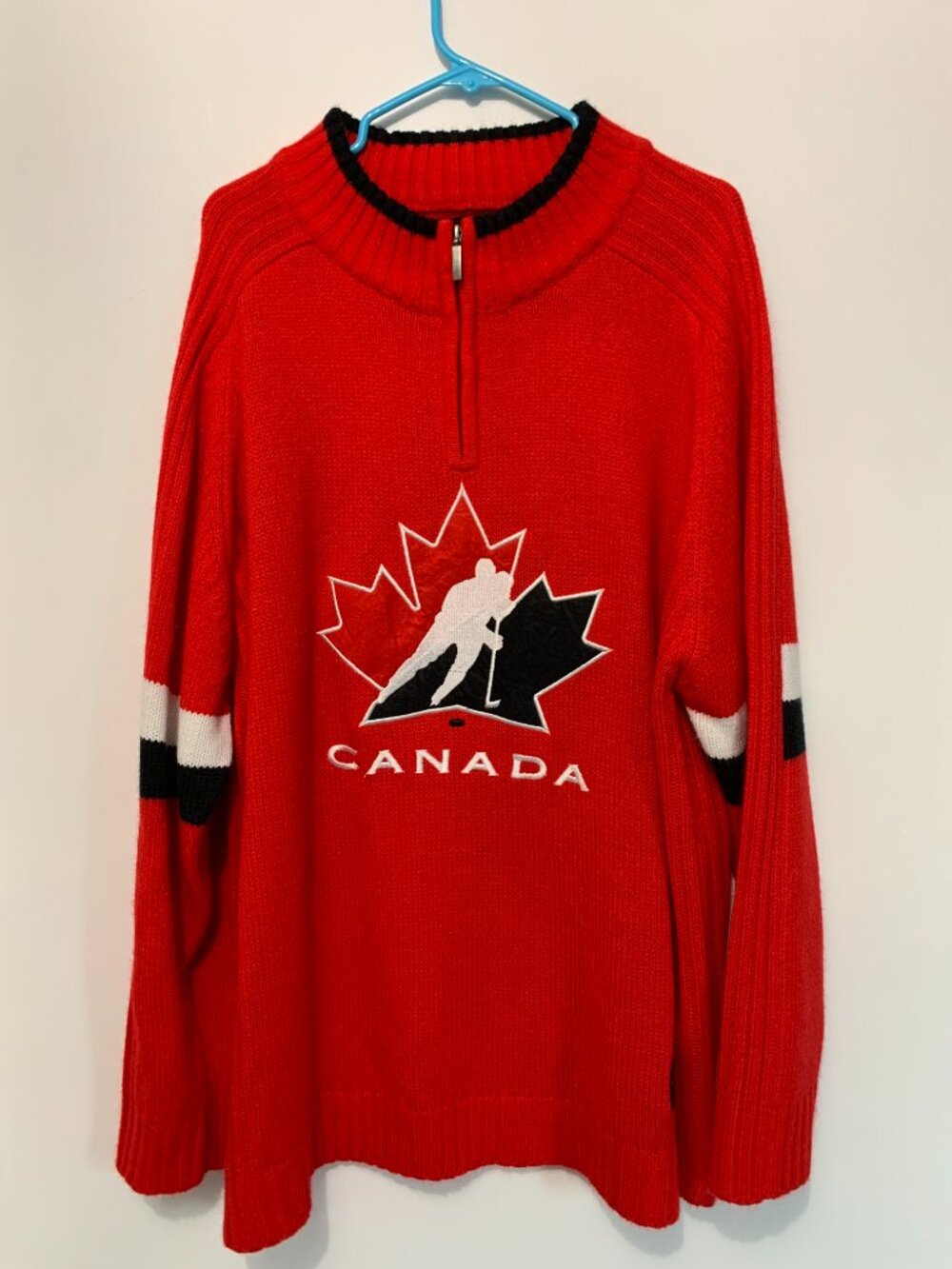 Sogo Sports Hockey Canada Knit Sweater Mens XXL 2XL Red 1/4 Zip Pullover Vintage